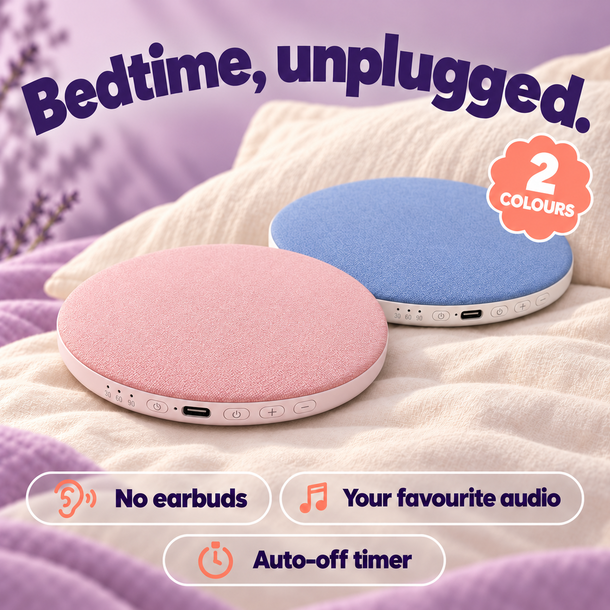 Pink and blue Lunelle pillow speakers. Bedtime, unplugged. No earbuds, your favourite audio and auto-off timer.