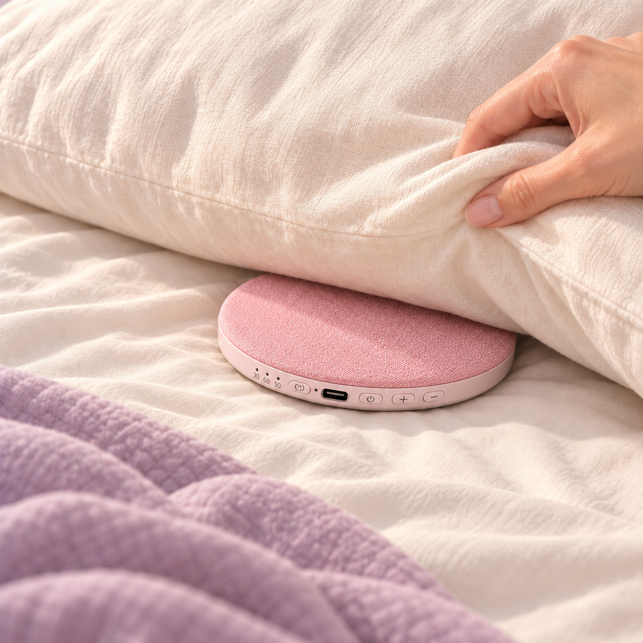 Pink Lunelle speaker and controls visible beneath a gently lifted cream pillow